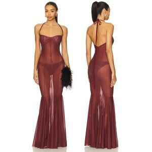 AMOR MIA Siren Maxi Dress Sheer Mesh Halter Party Sexy Evening Statement Wine XS